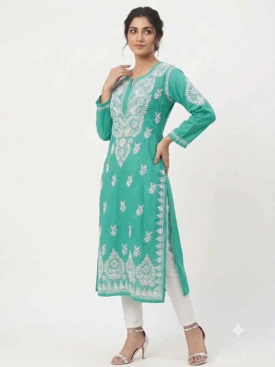 LCF CHIKAN EMBROIDERY MASLEEN LONG KURTI - GREEN view 2
