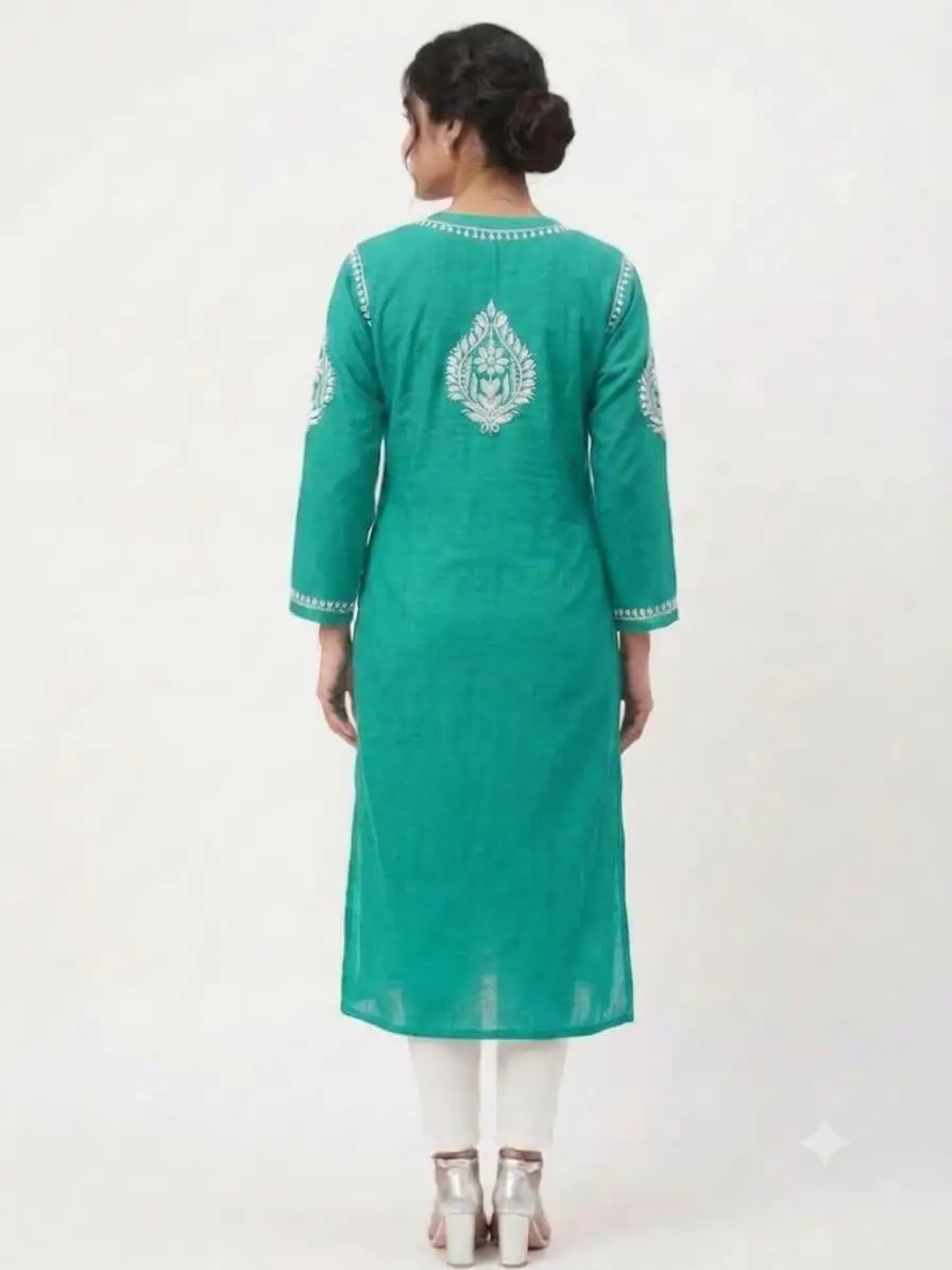 LCF CHIKAN EMBROIDERY MASLEEN LONG KURTI - GREEN view 3