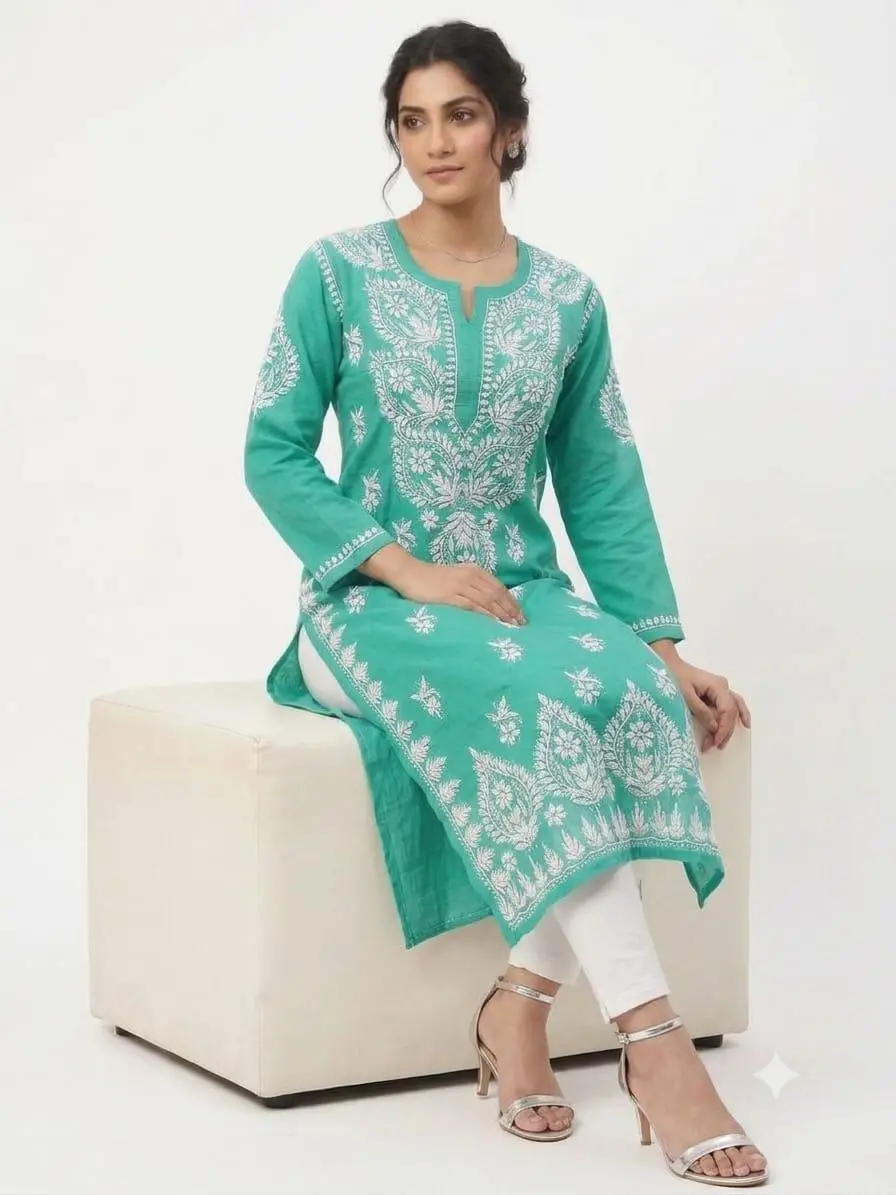 LCF CHIKAN EMBROIDERY MASLEEN LONG KURTI - GREEN view 4