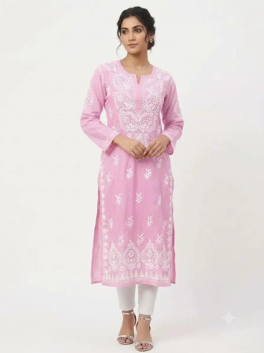LCF CHIKAN EMBROIDERY MASLEEN LONG KURTI - PINK