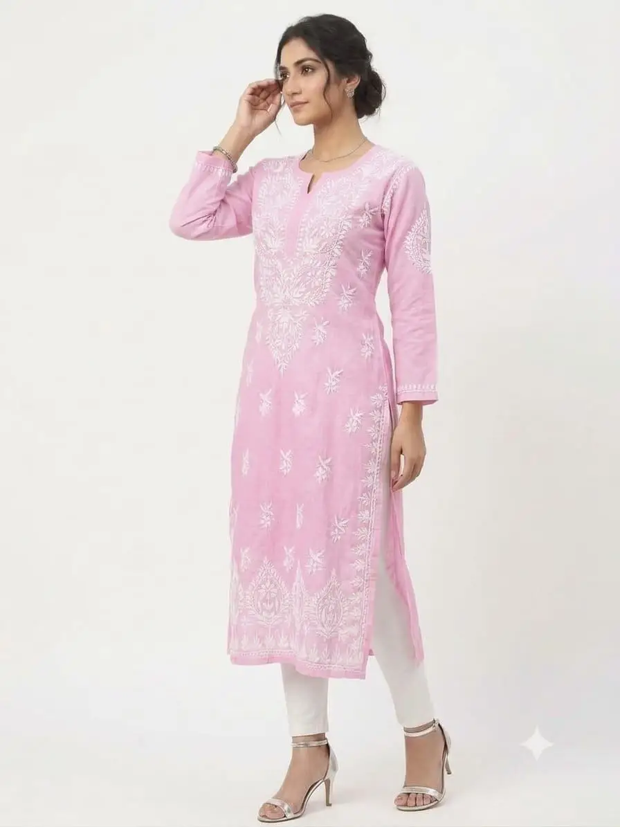 LCF CHIKAN EMBROIDERY MASLEEN LONG KURTI - PINK view 2