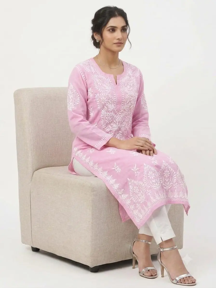 LCF CHIKAN EMBROIDERY MASLEEN LONG KURTI - PINK view 4