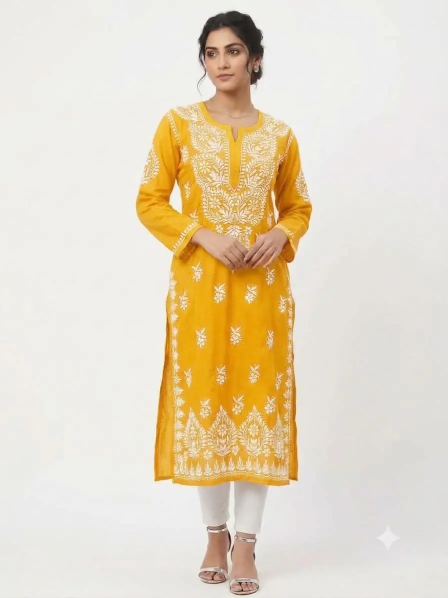 LCF CHIKAN EMBROIDERY MASLEEN LONG KURTI - YELLOW