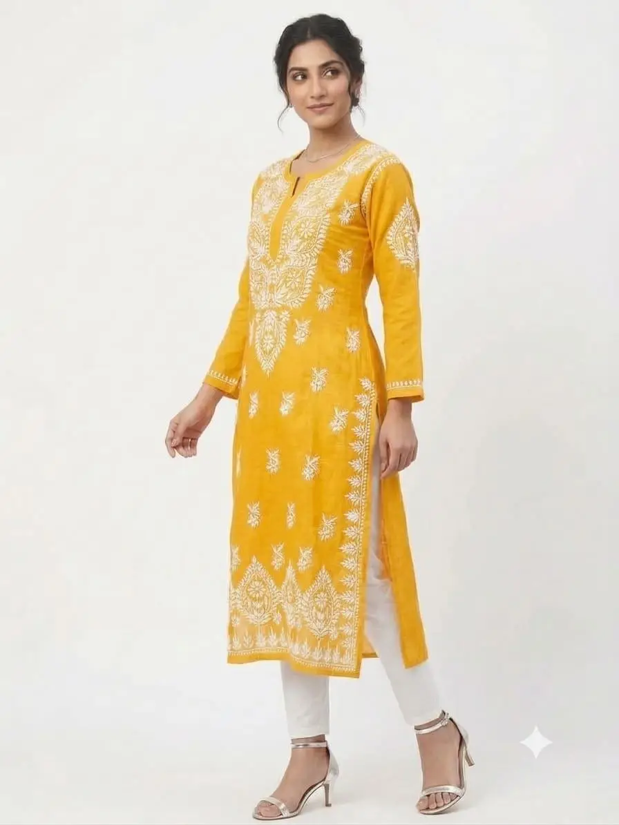 LCF CHIKAN EMBROIDERY MASLEEN LONG KURTI - YELLOW view 2