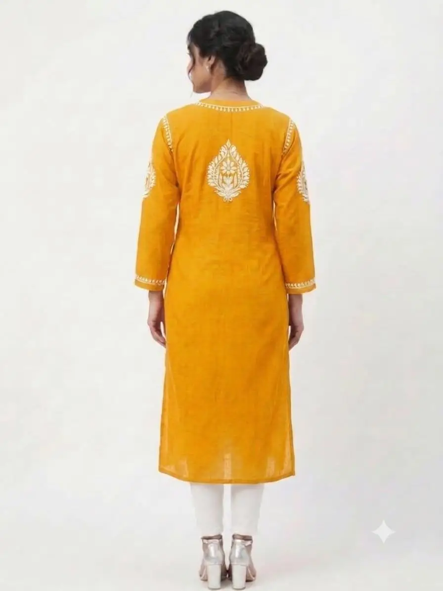 LCF CHIKAN EMBROIDERY MASLEEN LONG KURTI - YELLOW view 3