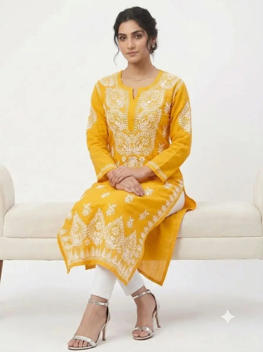 LCF CHIKAN EMBROIDERY MASLEEN LONG KURTI - YELLOW view 4