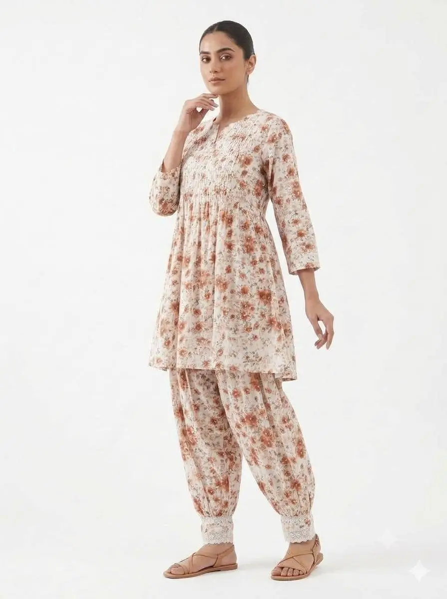 LCF CHIKAN EMBROIDERY DIGITAL PRINT COTTON AFGANI SET - BROWN view 2