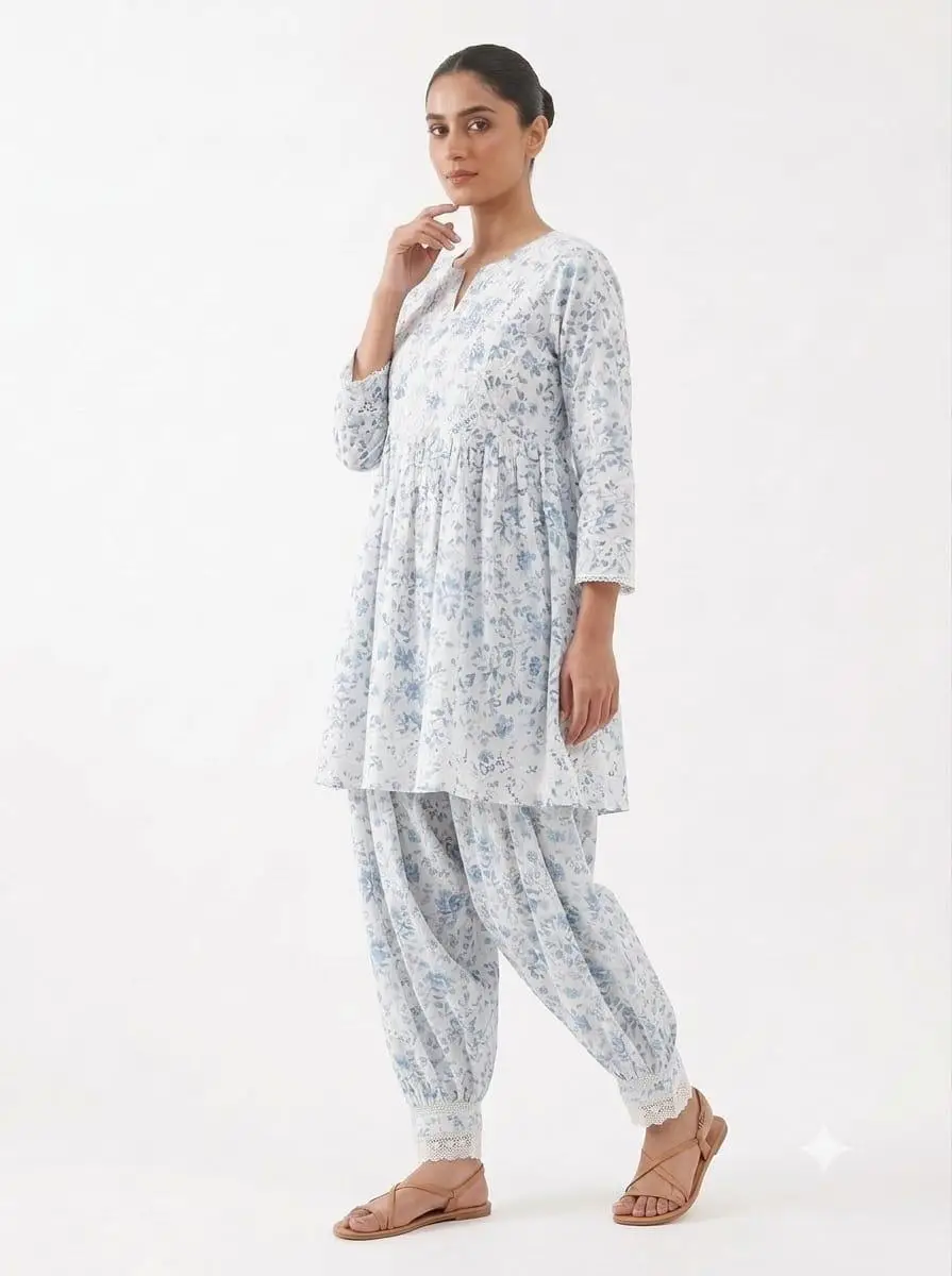 LCF CHIKAN EMBROIDERY DIGITAL PRINT COTTON AFGANI SET - BLUE