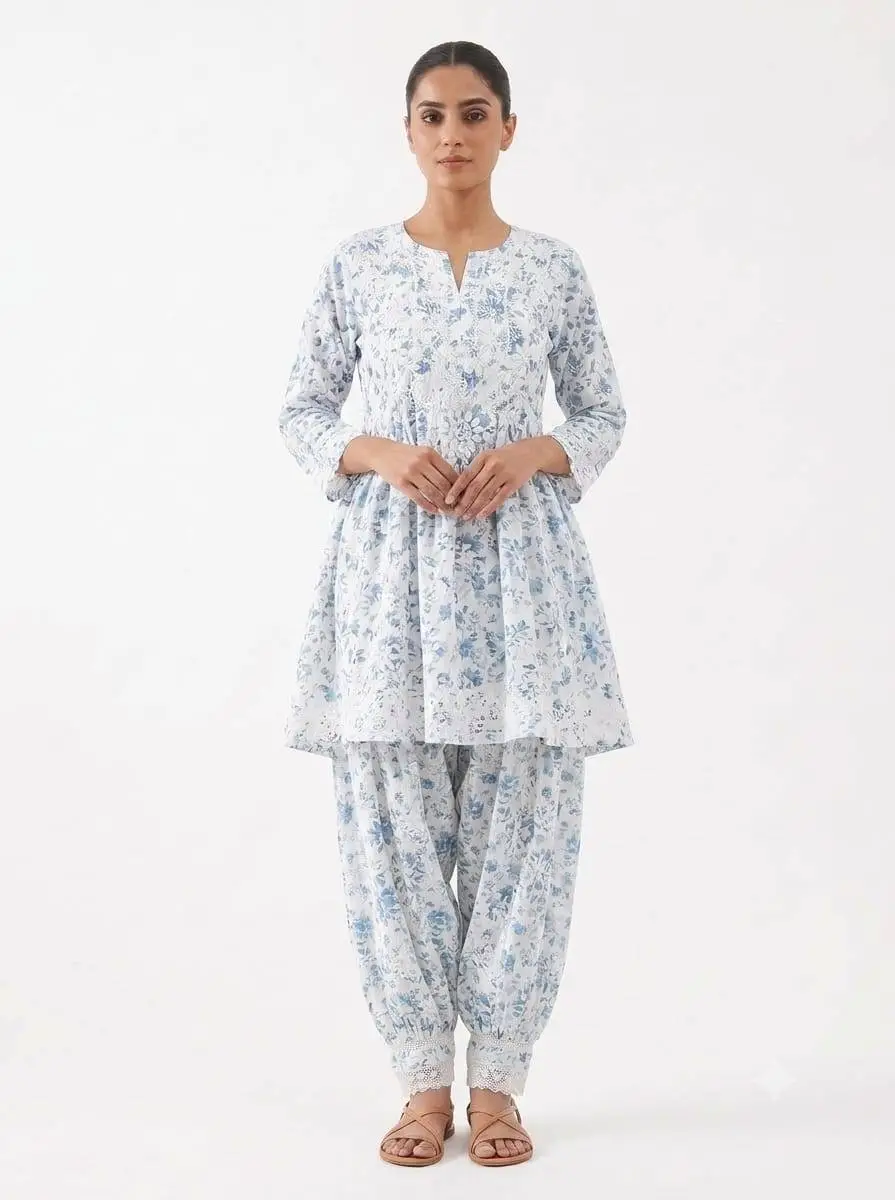 LCF CHIKAN EMBROIDERY DIGITAL PRINT COTTON AFGANI SET - BLUE view 2