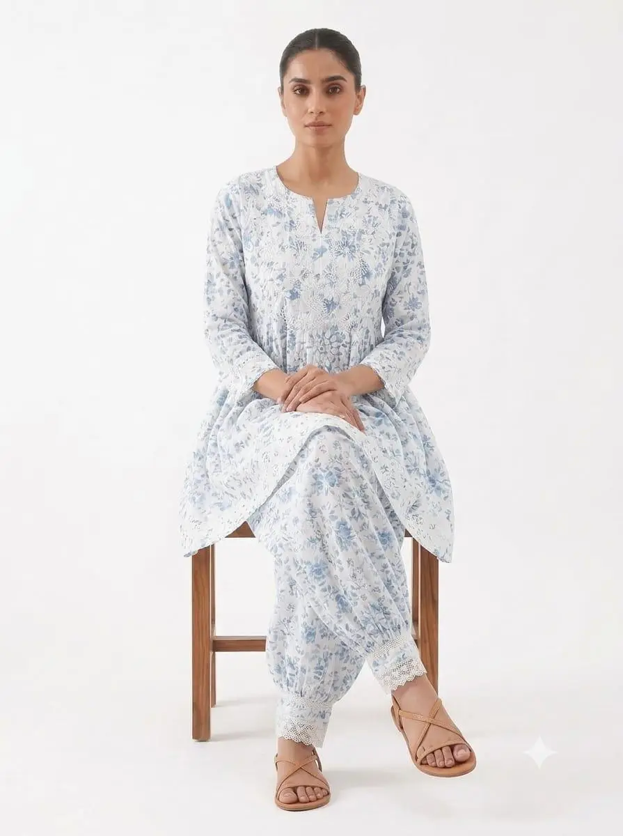 LCF CHIKAN EMBROIDERY DIGITAL PRINT COTTON AFGANI SET - BLUE view 3