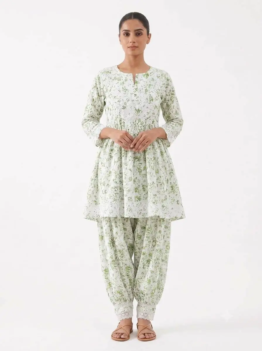 LCF CHIKAN EMBROIDERY DIGITAL PRINT COTTON AFGANI SET - GREEN