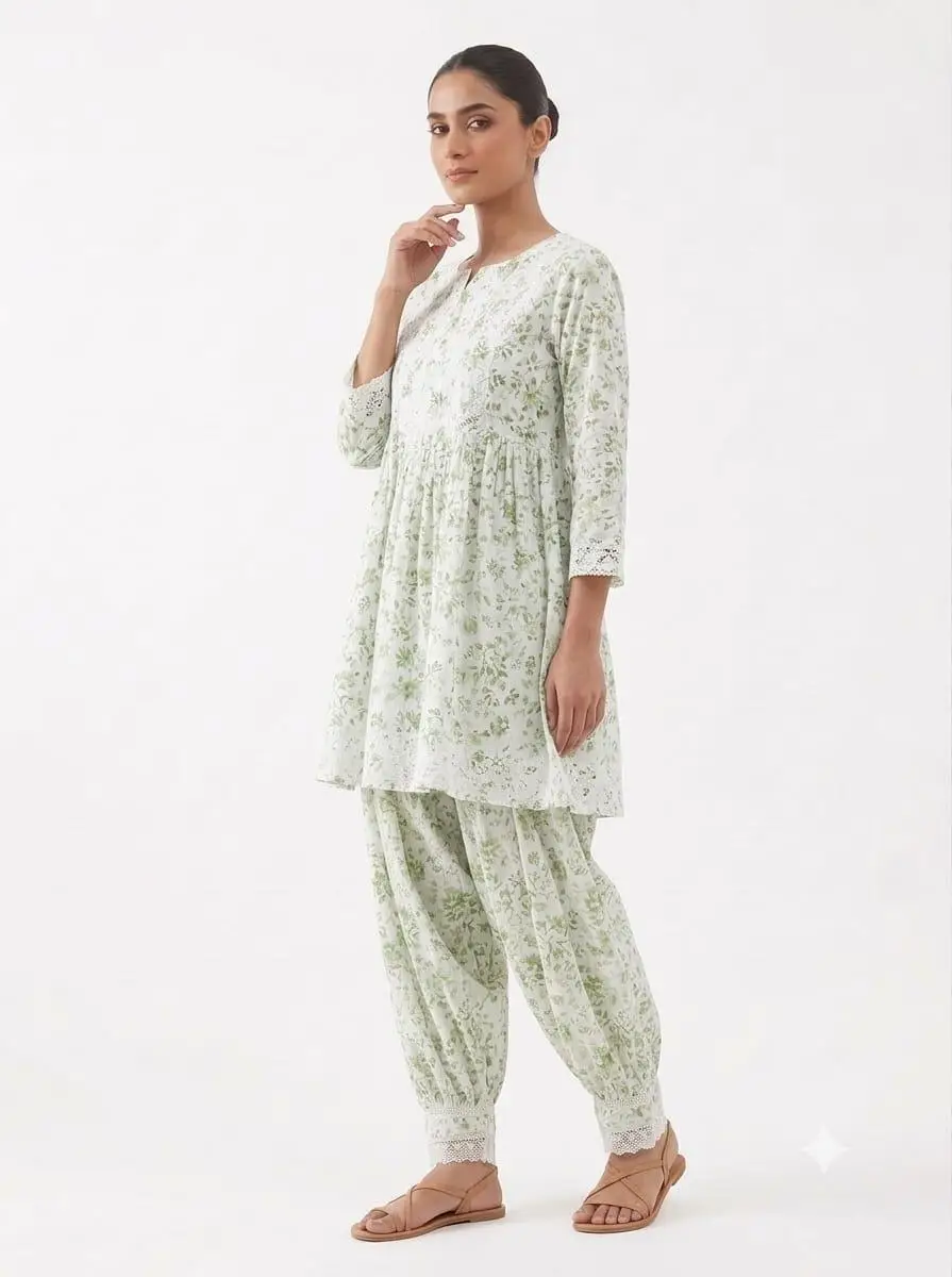 LCF CHIKAN EMBROIDERY DIGITAL PRINT COTTON AFGANI SET - GREEN view 2