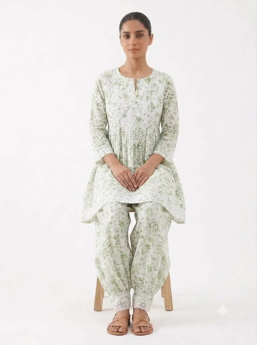 LCF CHIKAN EMBROIDERY DIGITAL PRINT COTTON AFGANI SET - GREEN view 3