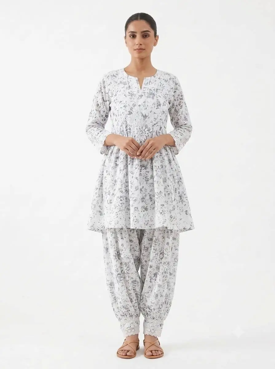 LCF CHIKAN EMBROIDERY DIGITAL PRINT COTTON AFGANI SET - GREY