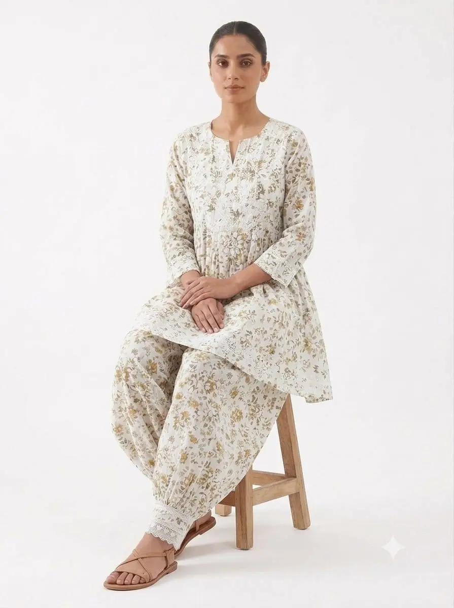 LCF CHIKAN EMBROIDERY DIGITAL PRINT COTTON AFGANI SET - LIGHT BROWN view 3