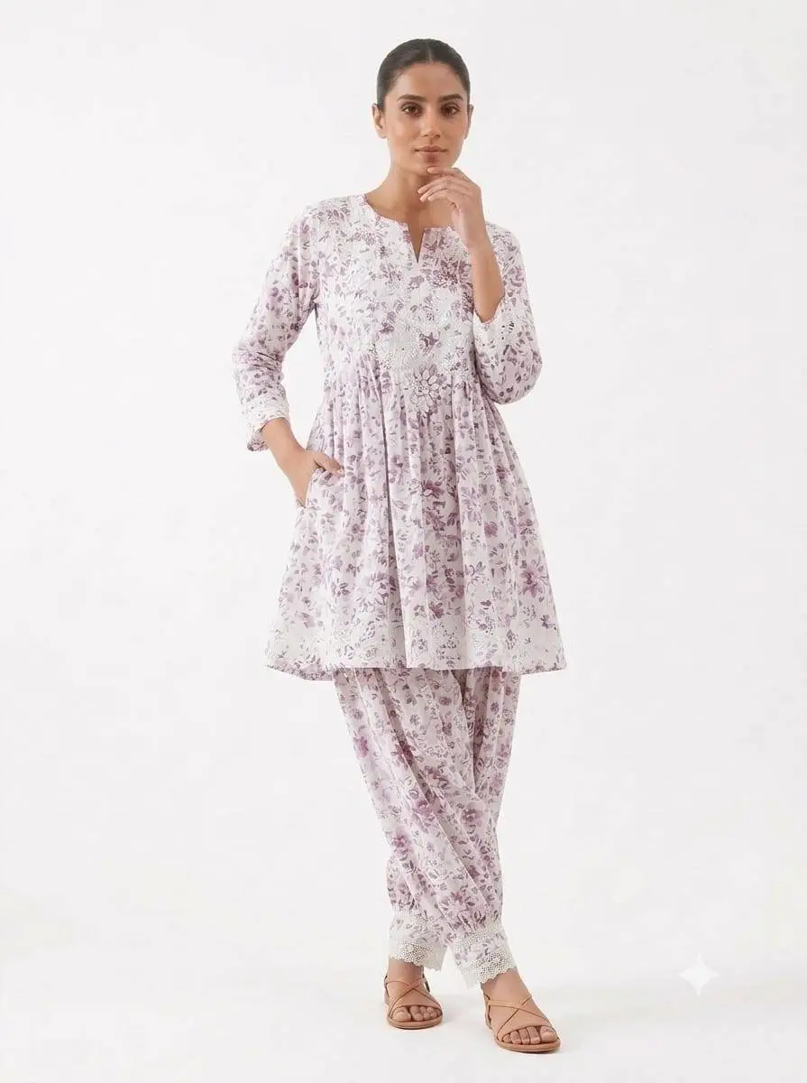 LCF CHIKAN EMBROIDERY DIGITAL PRINT COTTON AFGANI SET - PINK
