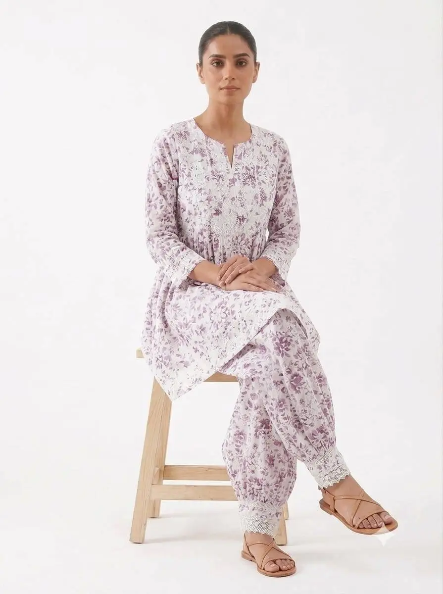 LCF CHIKAN EMBROIDERY DIGITAL PRINT COTTON AFGANI SET - PINK view 3