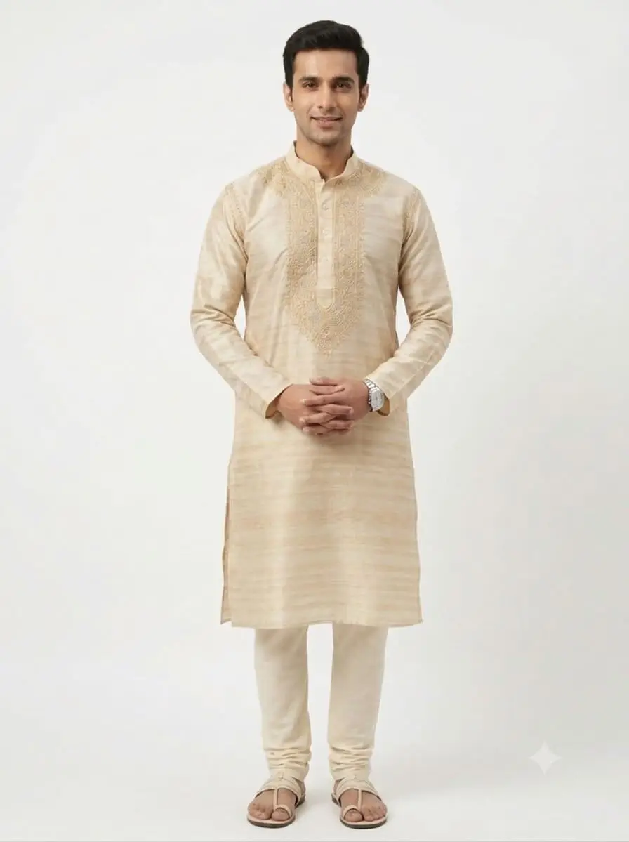 LCF CHIKAN EMBROIDERY JAALI WORK MATKA SILK FABRIC MENS KURTA - LIGHT FOWN