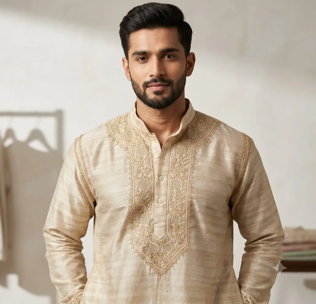 LCF CHIKAN EMBROIDERY JAALI WORK MATKA SILK FABRIC MENS KURTA - LIGHT FOWN view 2