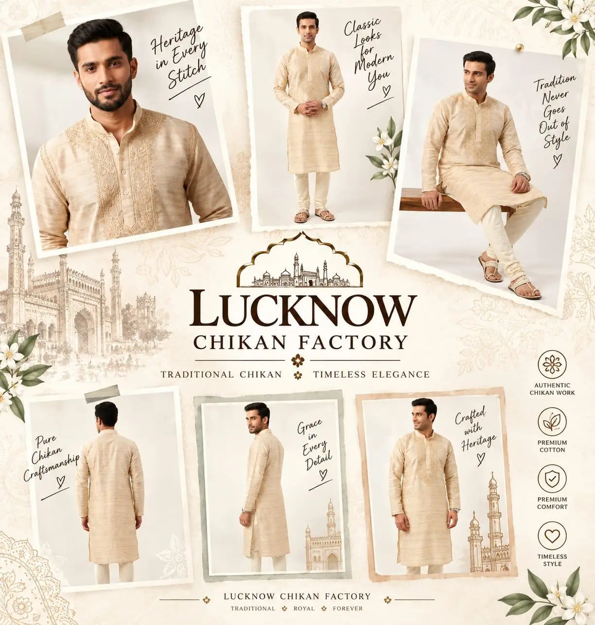 LCF CHIKAN EMBROIDERY JAALI WORK MATKA SILK FABRIC MENS KURTA - LIGHT FOWN view 5