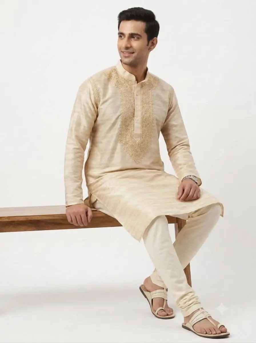 LCF CHIKAN EMBROIDERY MATKA SILK MENS KURTA - LIGHT FOWN view 4