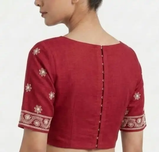 LCF CHIKAN EMBROIDERY MAL COTTON UNSTITCHED BLOUSE PIECE - RED view 2