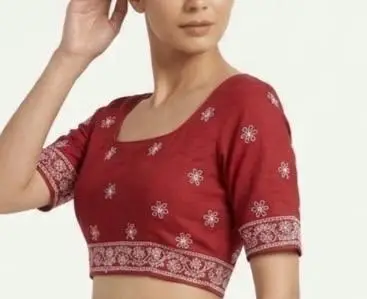 LCF CHIKAN EMBROIDERY MAL COTTON UNSTITCHED BLOUSE PIECE - RED view 3