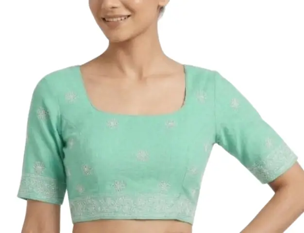 LCF CHIKAN EMBROIDERY MAL COTTON UNSTITCHED BLOUSE PIECE - SEA GREEN