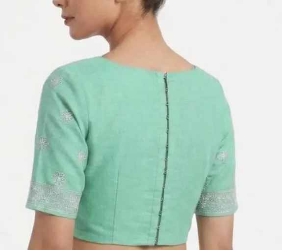 LCF CHIKAN EMBROIDERY MAL COTTON UNSTITCHED BLOUSE PIECE - SEA GREEN view 2