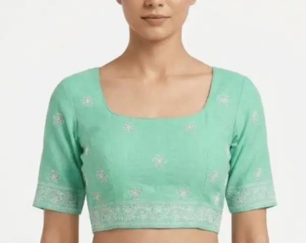 LCF CHIKAN EMBROIDERY MAL COTTON UNSTITCHED BLOUSE PIECE - SEA GREEN view 3