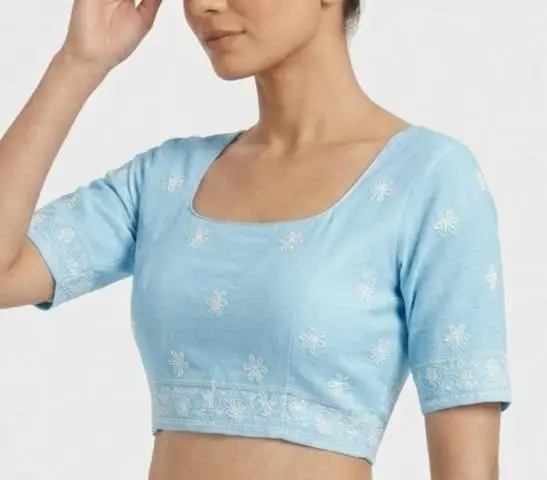 LCF CHIKAN EMBROIDERY MAL COTTON UNSTITCHED BLOUSE PIECE - SKY BLUE view 3