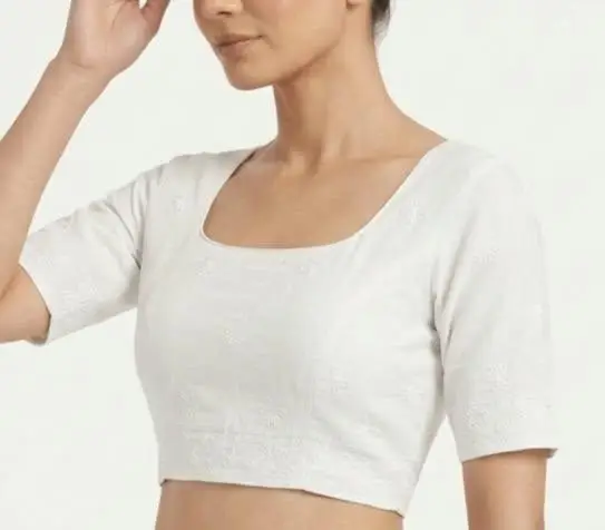 LCF CHIKAN EMBROIDERY MAL COTTON UNSTITCHED BLOUSE PIECE - WHITE view 3