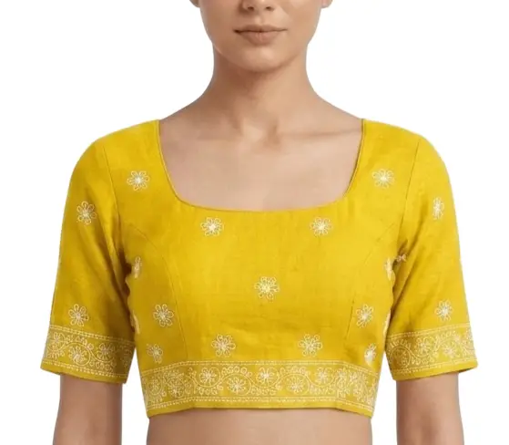 LCF CHIKAN EMBROIDERY MAL COTTON UNSTITCHED BLOUSE PIECE - YELLOW