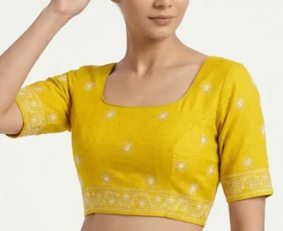 LCF CHIKAN EMBROIDERY MAL COTTON UNSTITCHED BLOUSE PIECE - YELLOW view 3