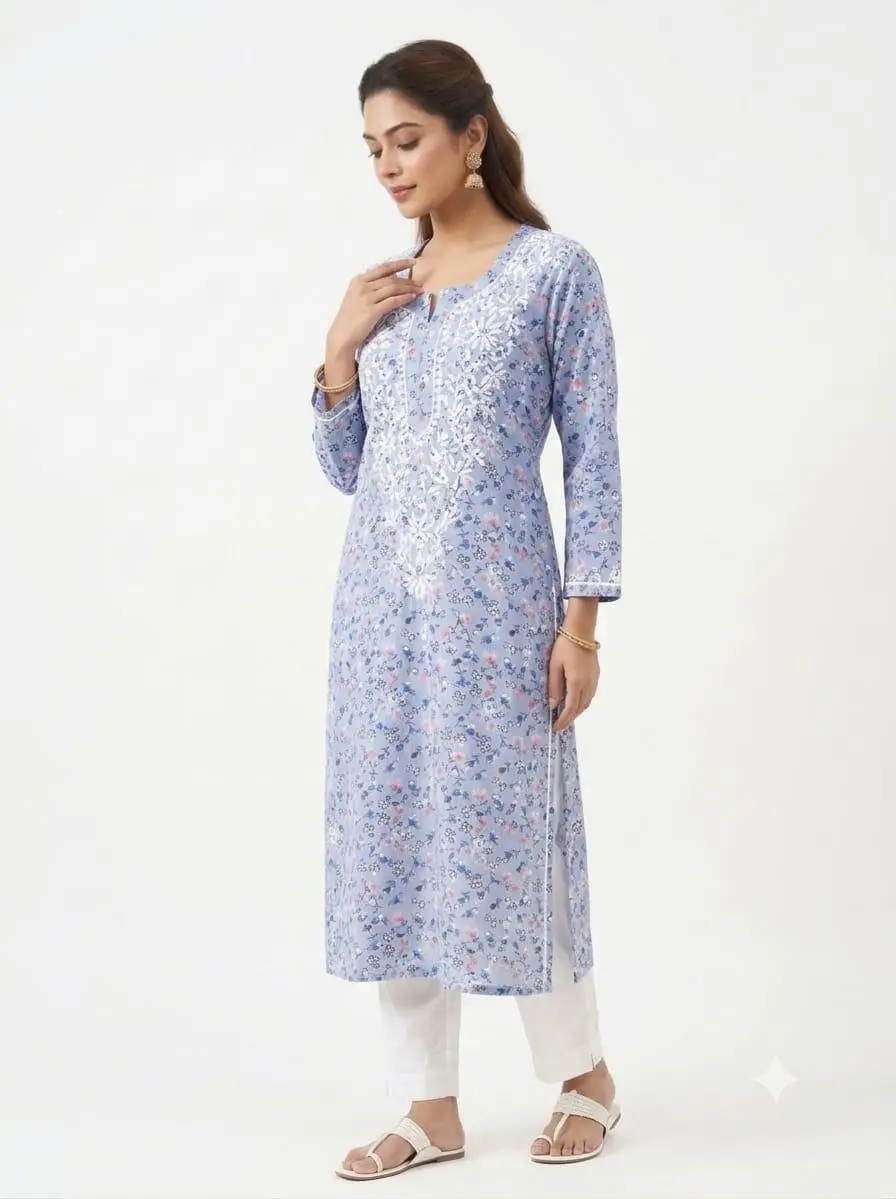 LCF CHIKAN EMBROIDERY AMERICAN CRAPE PRINTED LONG KURTI - BLUE view 2