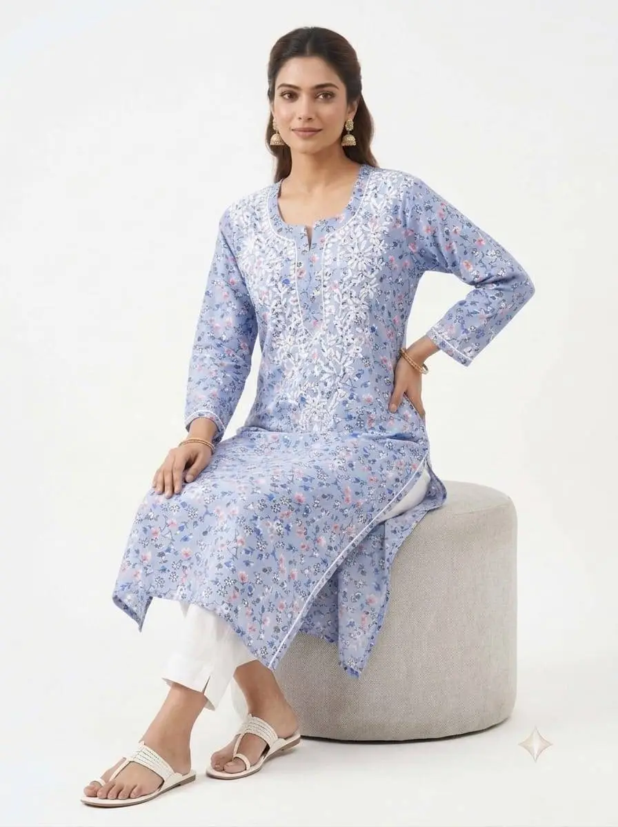 LCF CHIKAN EMBROIDERY AMERICAN CRAPE PRINTED LONG KURTI - BLUE view 3
