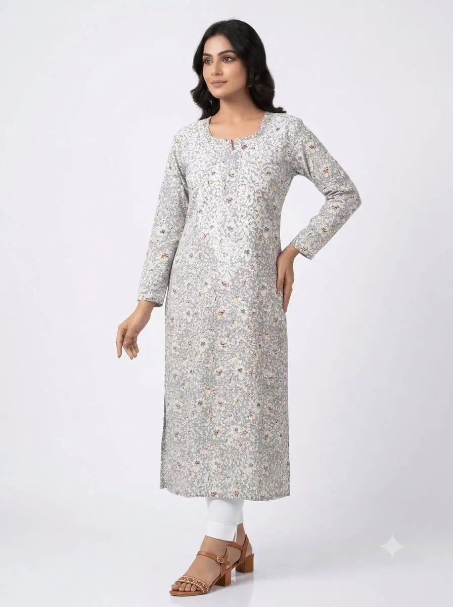 LCF CHIKAN EMBROIDERY AMERICAN CRAPE PRINTED LONG KURTI - GREY