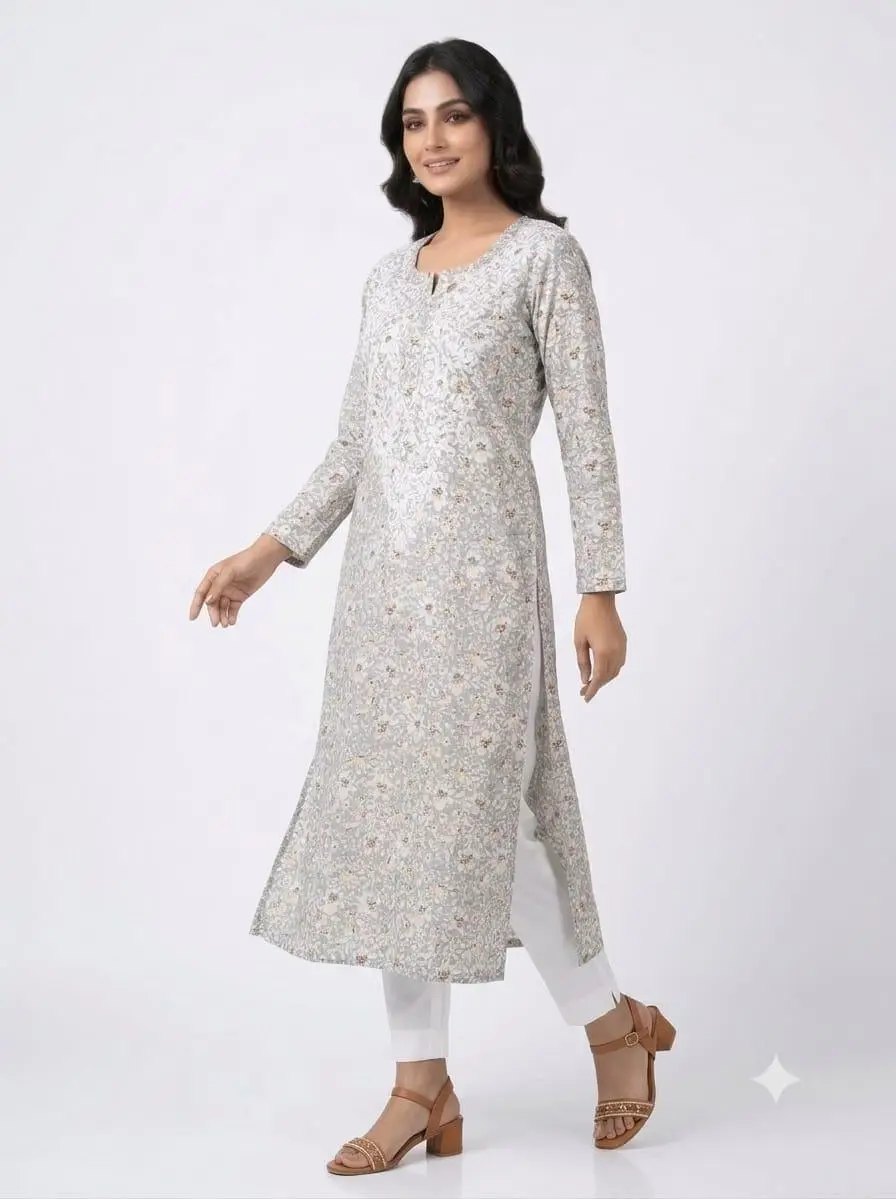 LCF CHIKAN EMBROIDERY AMERICAN CRAPE PRINTED LONG KURTI - GREY view 2