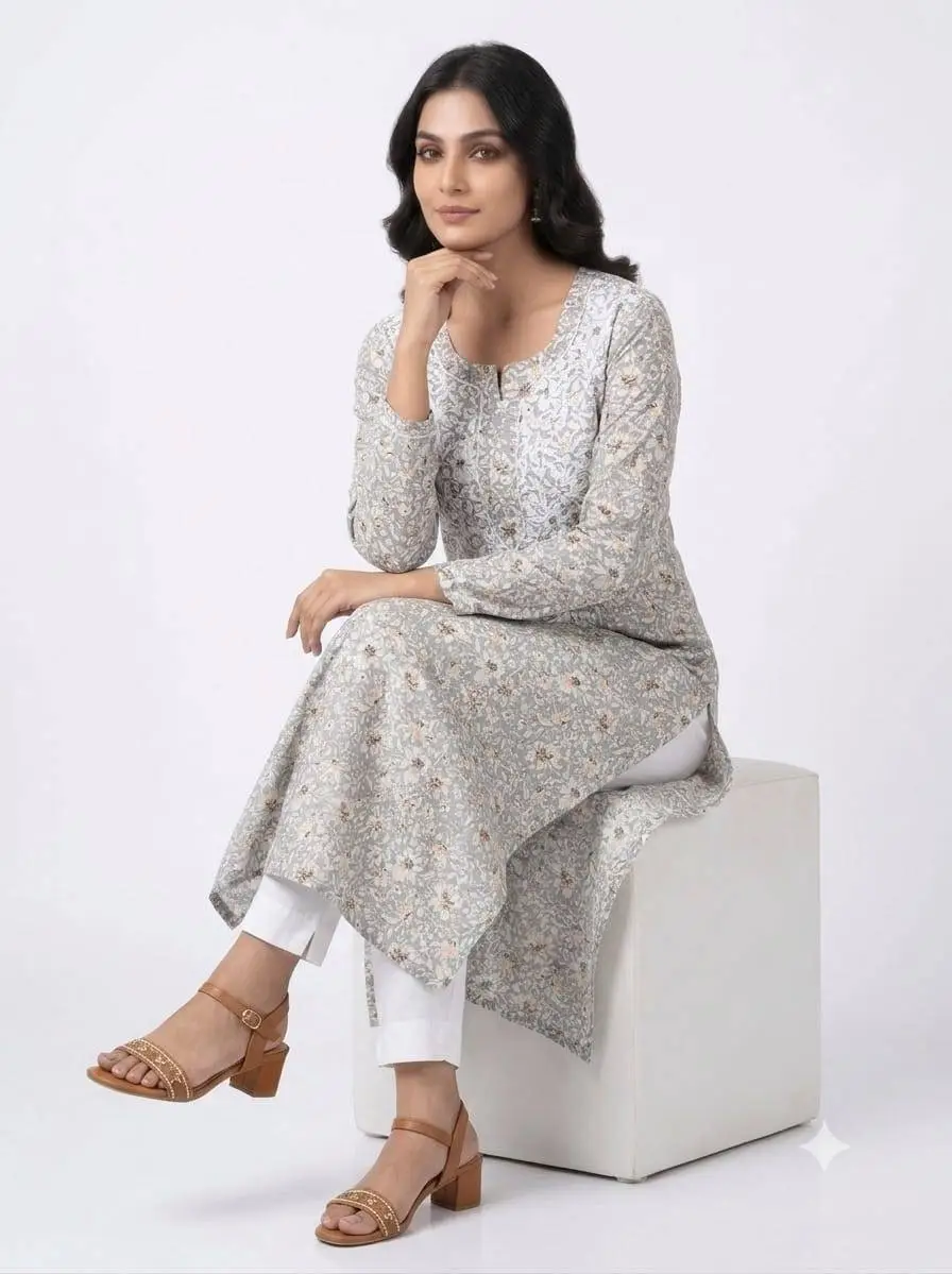 LCF CHIKAN EMBROIDERY AMERICAN CRAPE PRINTED LONG KURTI - GREY view 3