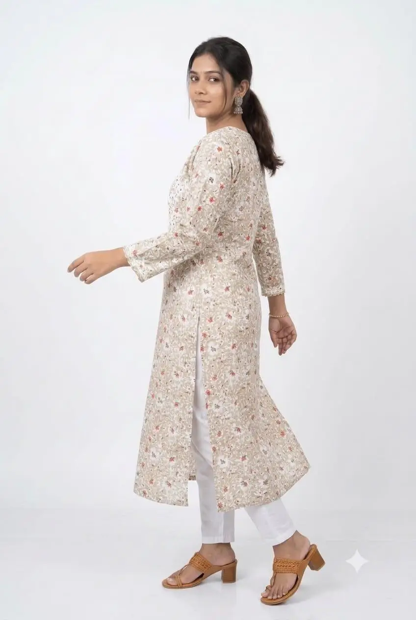 LCF CHIKAN EMBROIDERY AMERICAN CRAPE PRINTED LONG KURTI - LIGHT BROWN view 2