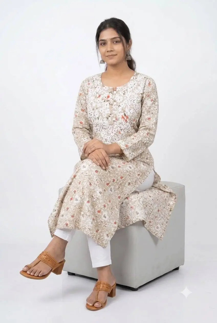 LCF CHIKAN EMBROIDERY AMERICAN CRAPE PRINTED LONG KURTI - LIGHT BROWN view 3