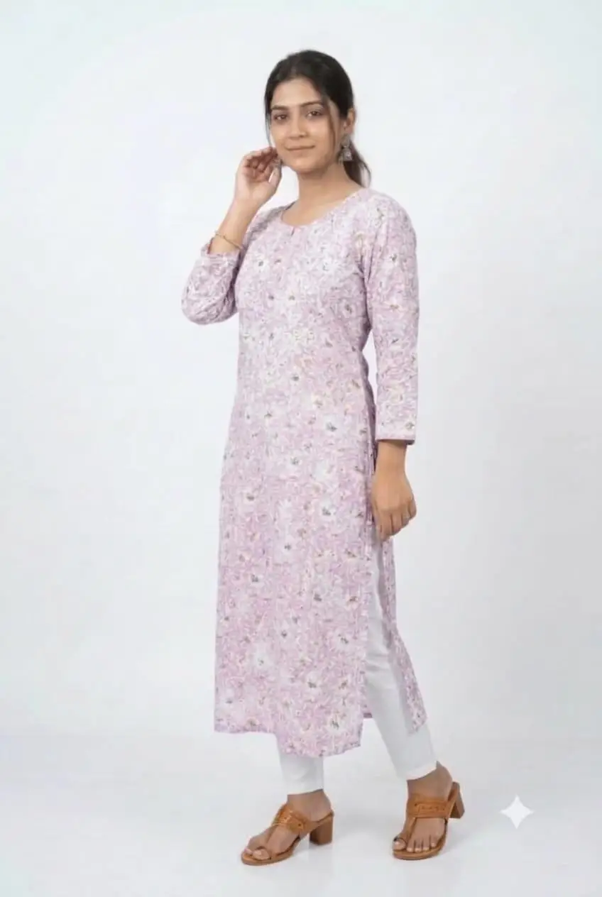 LCF CHIKAN EMBROIDERY AMERICAN CRAPE PRINTED LONG KURTI - PURPLE view 2