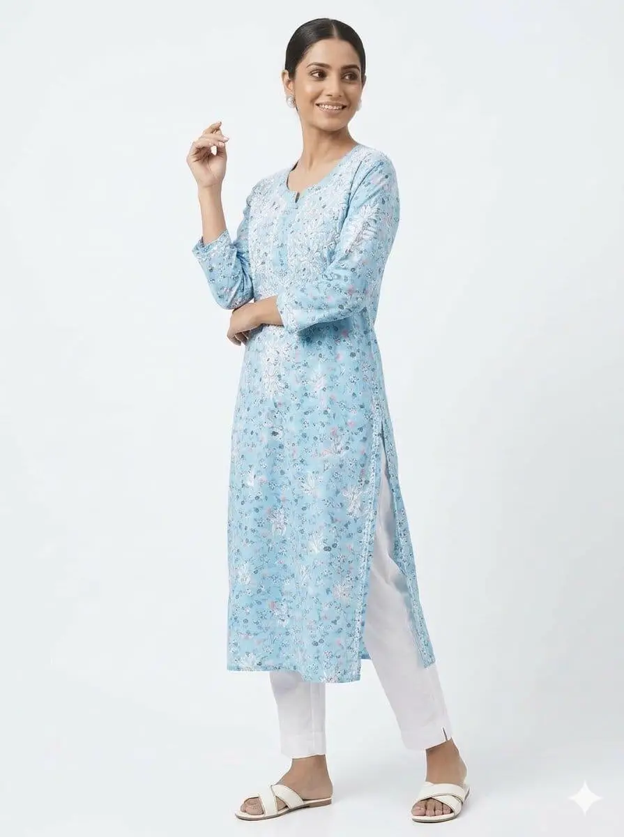 LCF CHIKAN EMBROIDERY AMERICAN CRAPE PRINTED LONG KURTI - SKY BLUE view 2