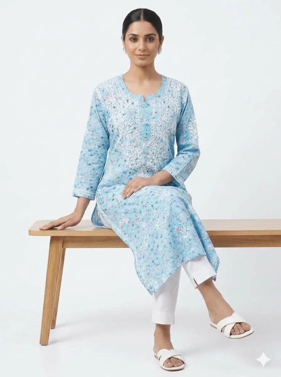 LCF CHIKAN EMBROIDERY AMERICAN CRAPE PRINTED LONG KURTI - SKY BLUE view 3
