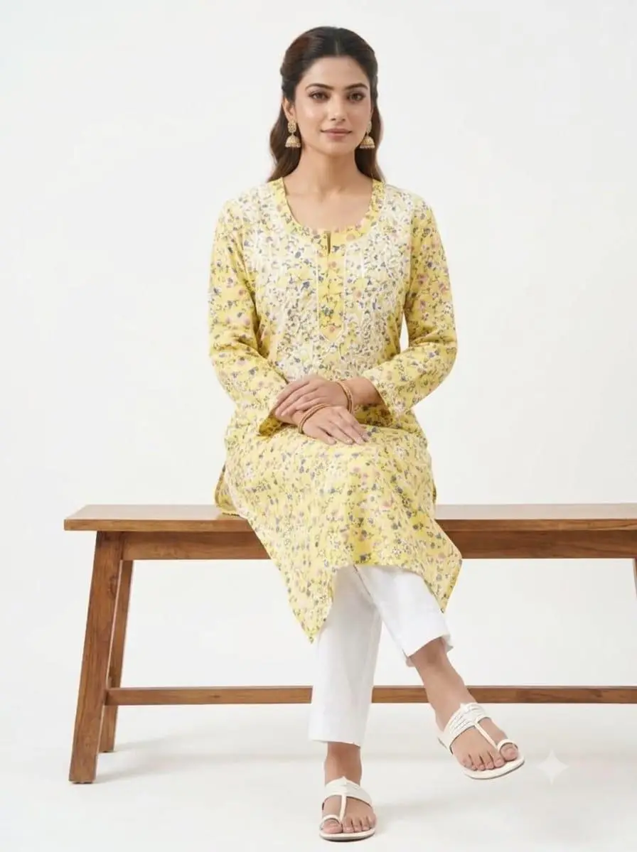 LCF CHIKAN EMBROIDERY AMERICAN CRAPE PRINTED LONG KURTI - YELLOW view 2