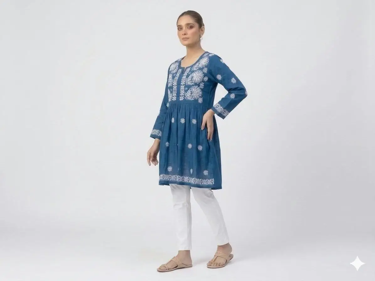 LCF CHIKAN EMBROIDERY RAYON SHORT TOP FROCK STYLE - BLUE view 2