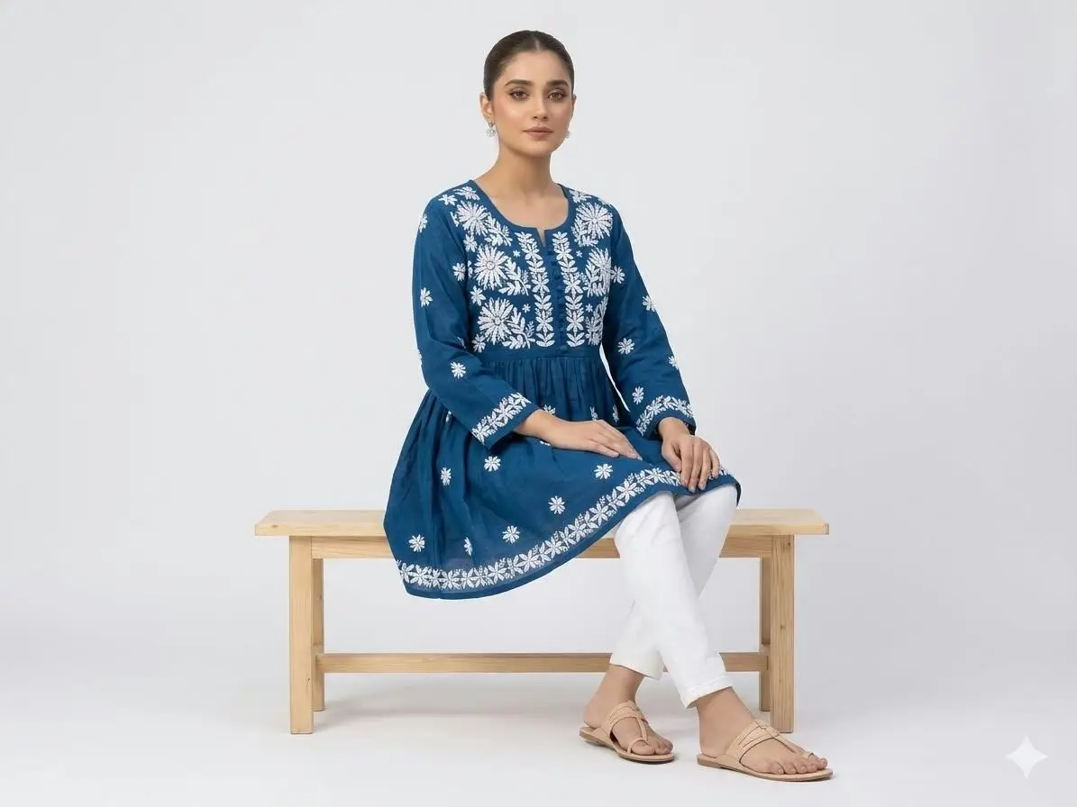 LCF CHIKAN EMBROIDERY RAYON SHORT TOP FROCK STYLE - BLUE view 3