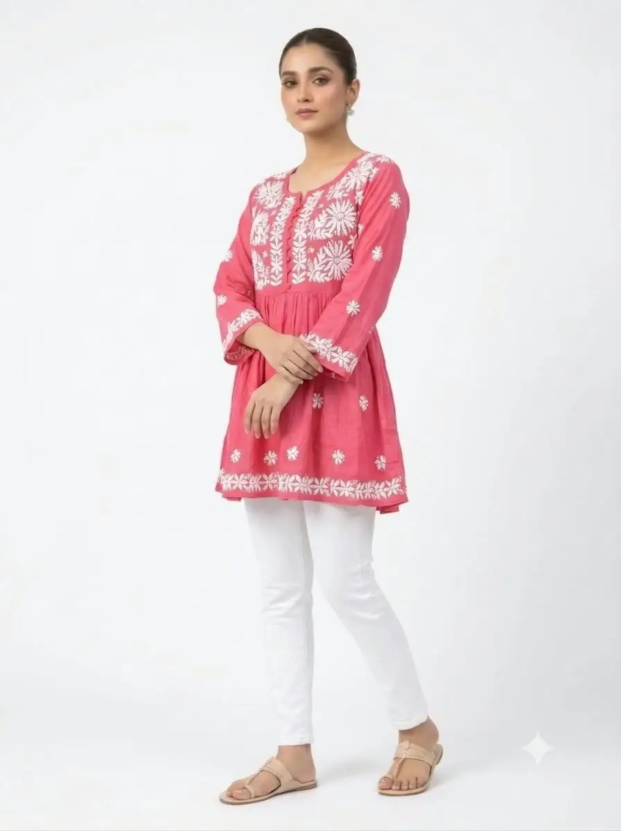 LCF CHIKAN EMBROIDERY RAYON SHORT TOP FROCK STYLE - CARROT view 2