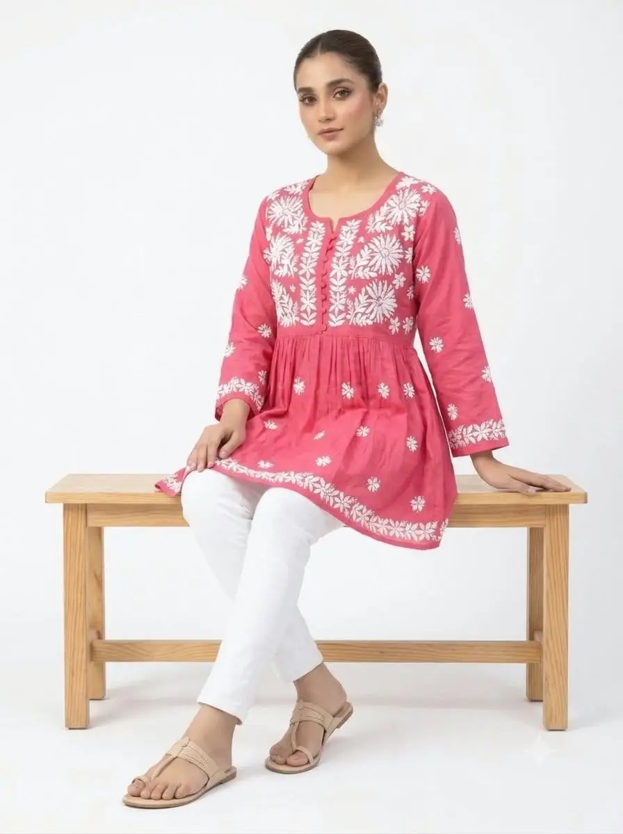 LCF CHIKAN EMBROIDERY RAYON SHORT TOP FROCK STYLE - CARROT view 3