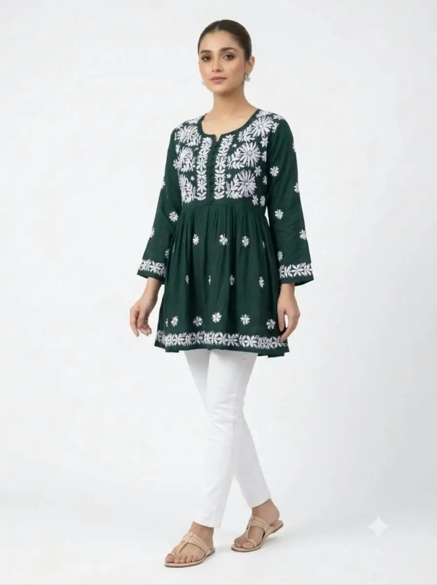 LCF CHIKAN EMBROIDERY RAYON SHORT TOP FROCK STYLE - DARK GREEN view 2